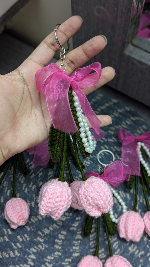 Sheer Bow Pink Tulip Bunch Keychain