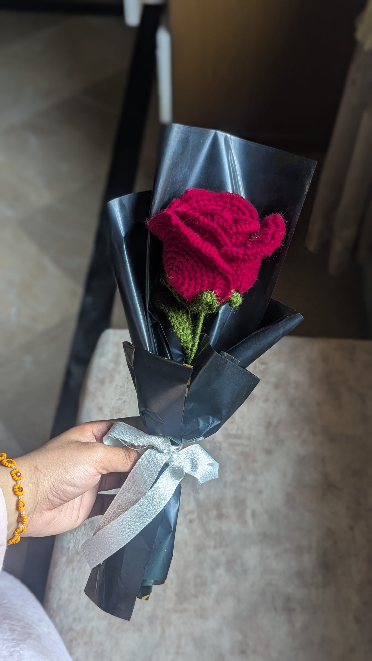 Midnight Crimson Rose Wrapped Stem
