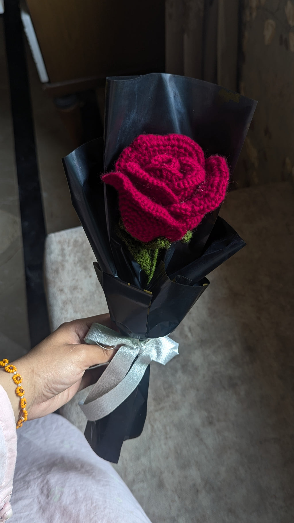Midnight Crimson Rose Wrapped Stem