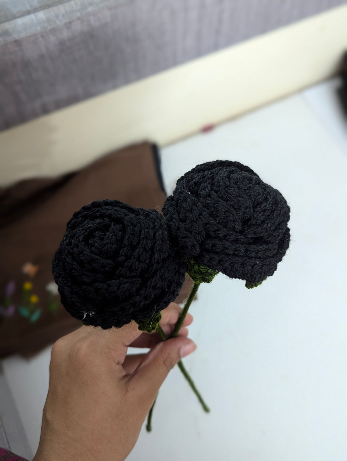 Midnight Black Crochet Rose Stem
