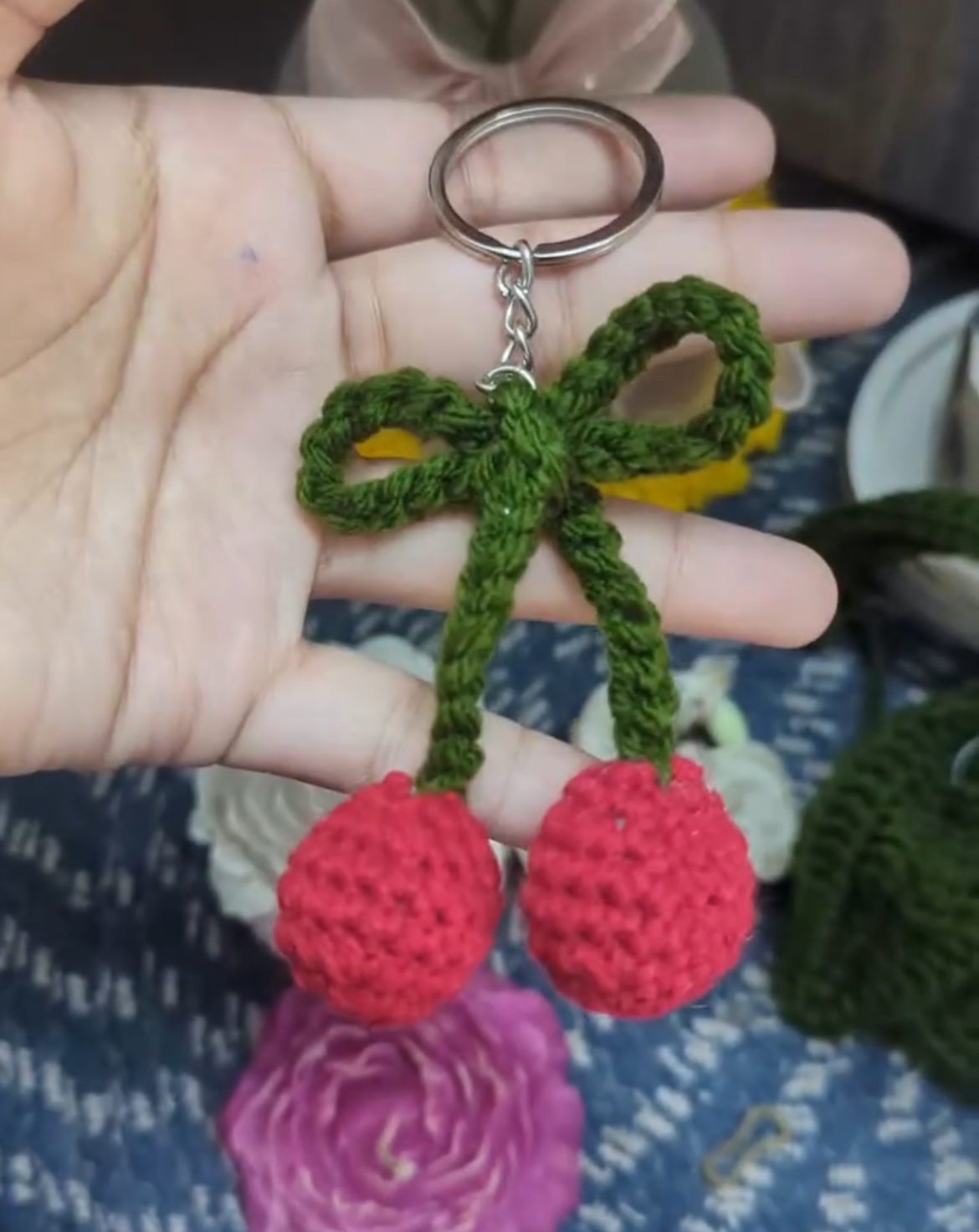 Sweet Cherry Bunch Charm Keychain