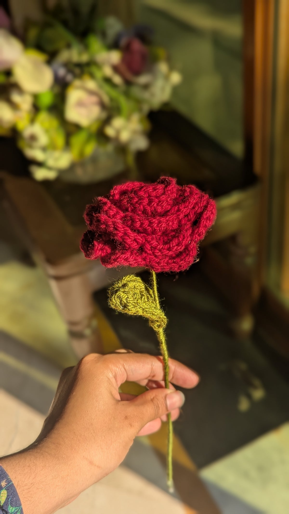 Classic Crimson Crochet Rose Stem