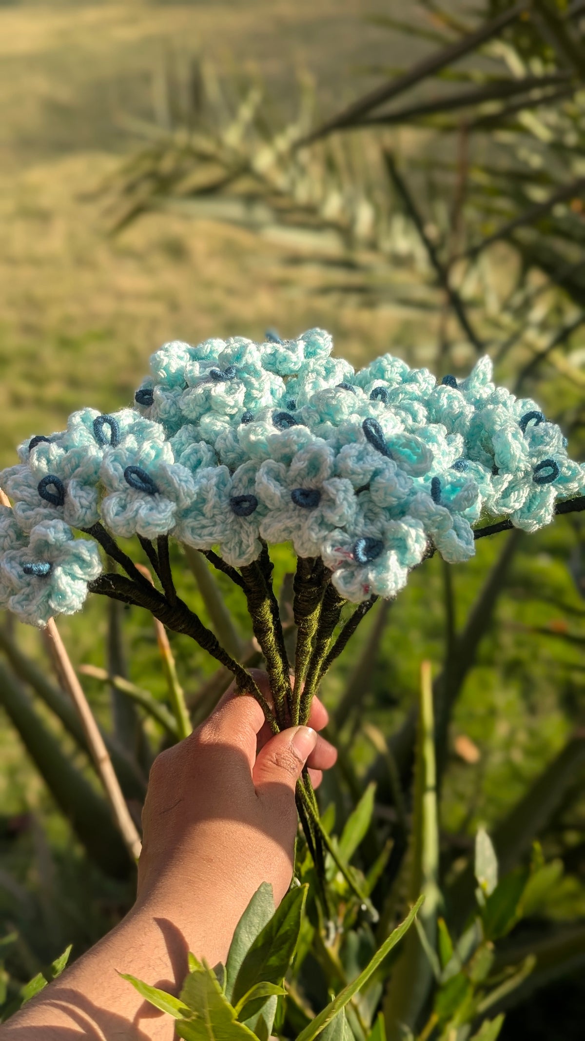 Powder Blue Hydrangea Cluster Crochet Stem
