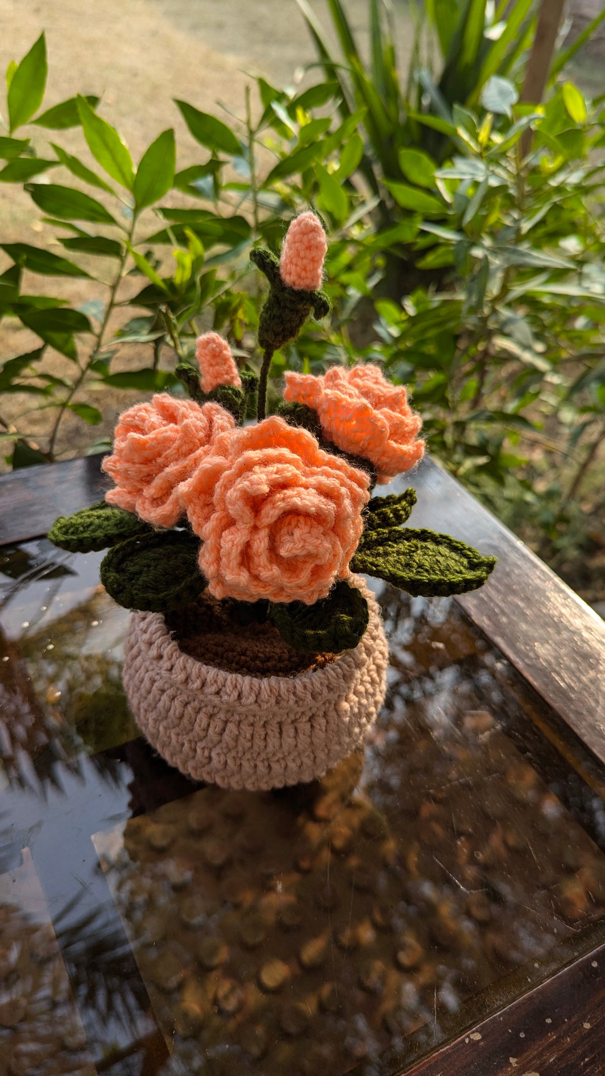 Soft Peach Crochet Rose Pot