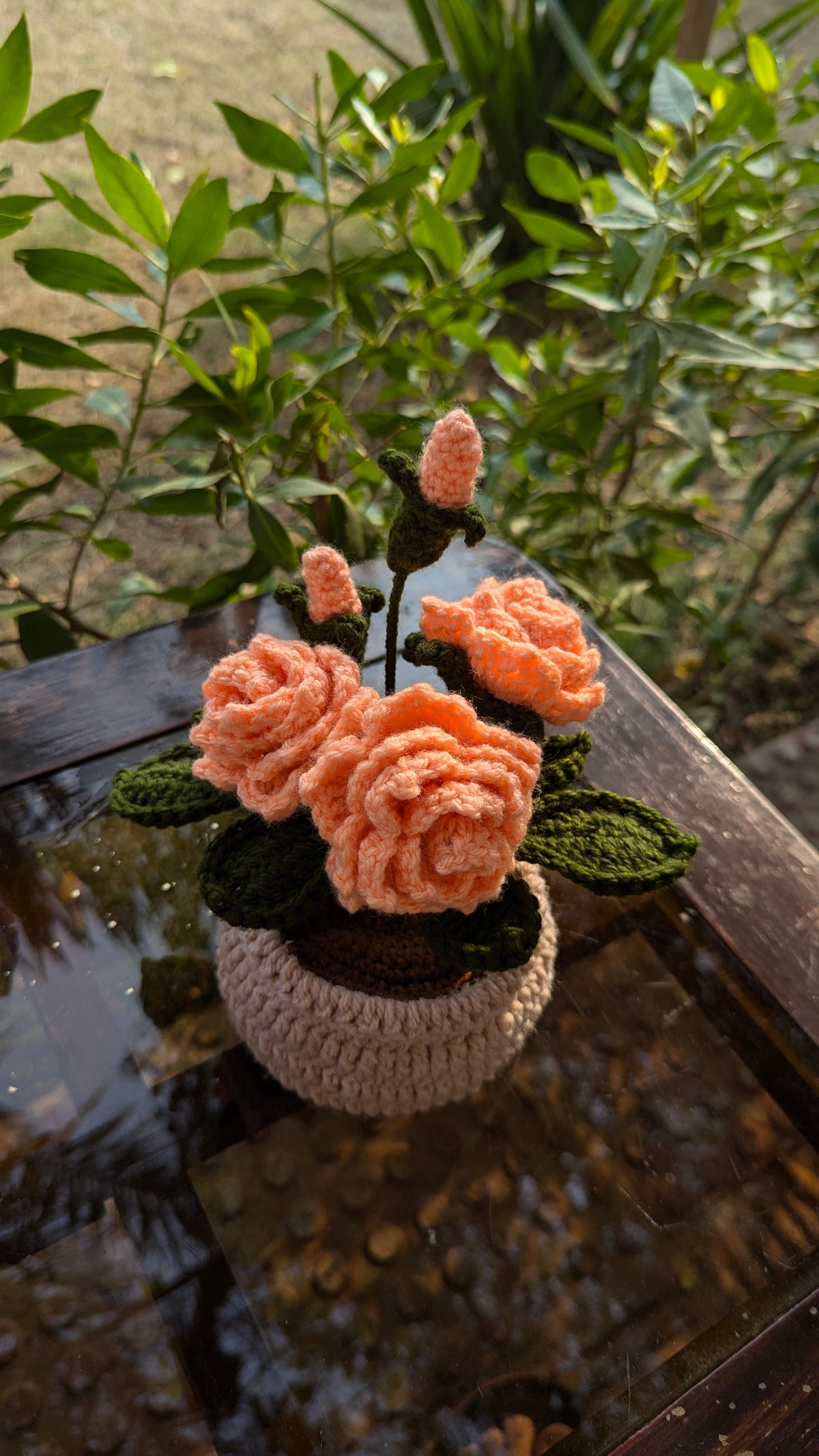 Soft Peach Crochet Rose Pot