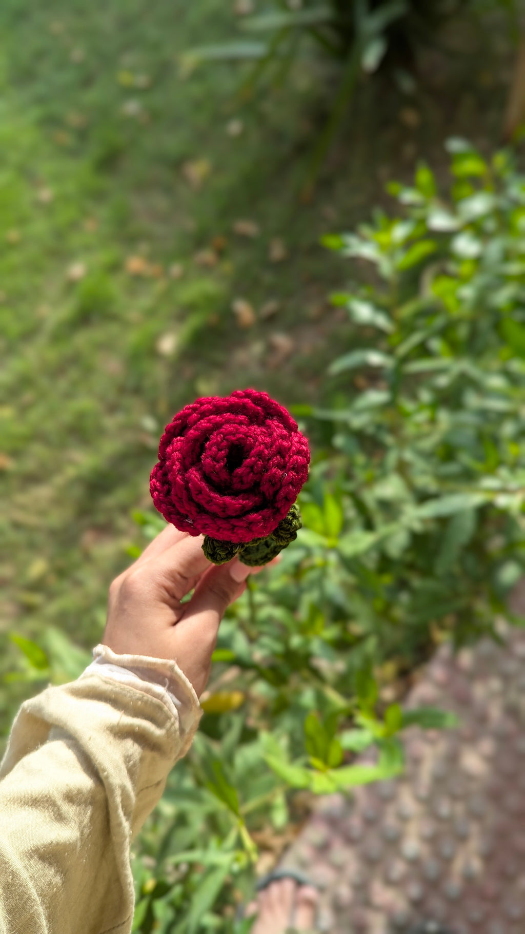 Classic Crimson Crochet Rose Stem