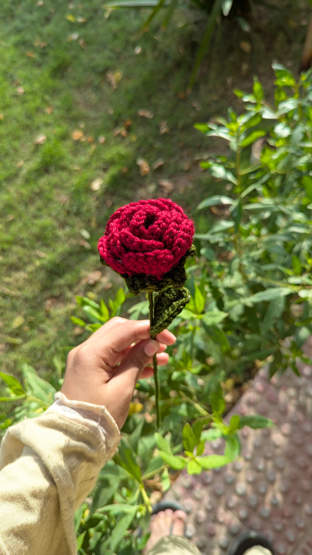 Classic Crimson Crochet Rose Stem