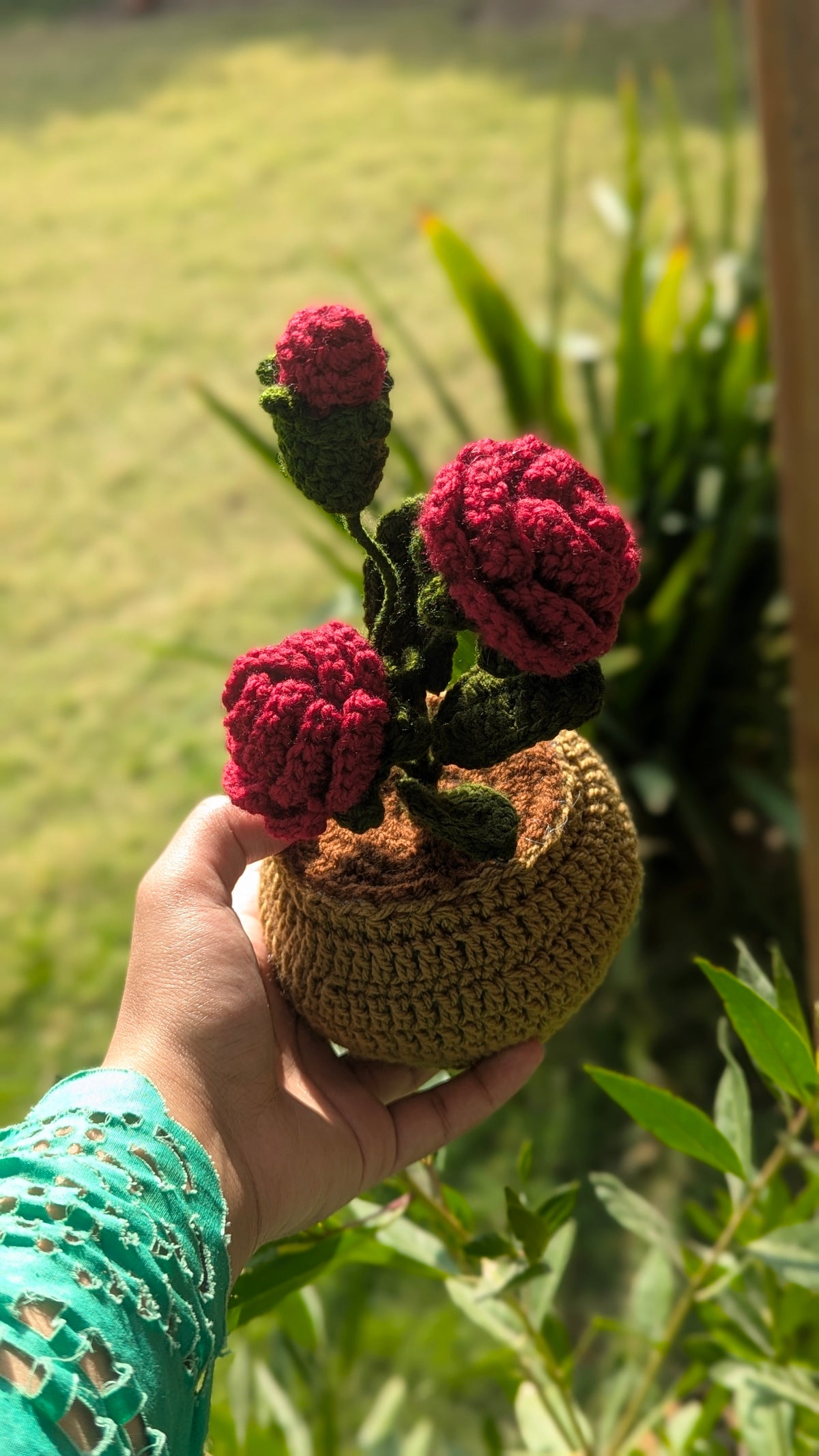 Crimson Red Crochet Rose Pot