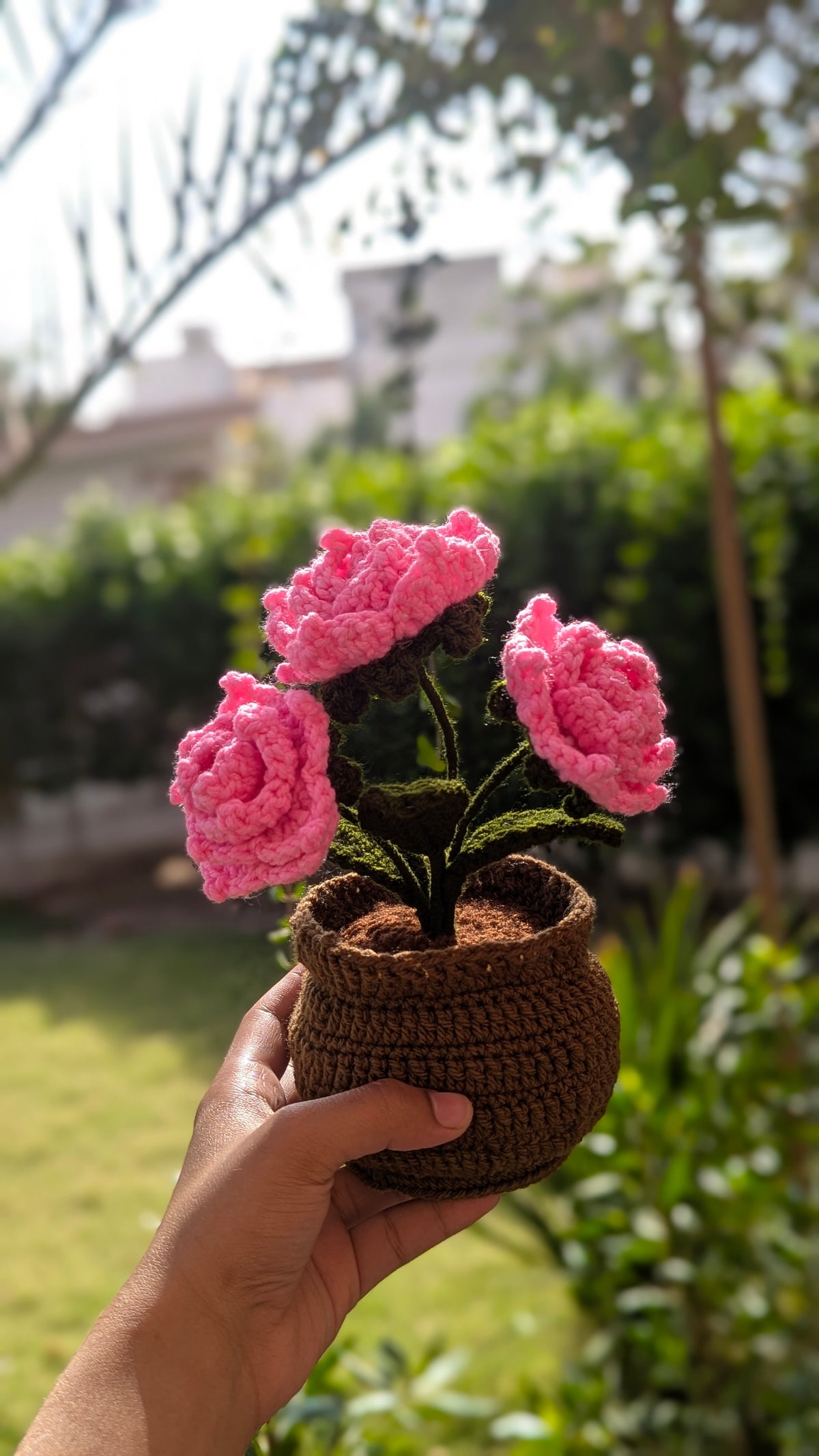 Soft Pink Crochet Rose Pot