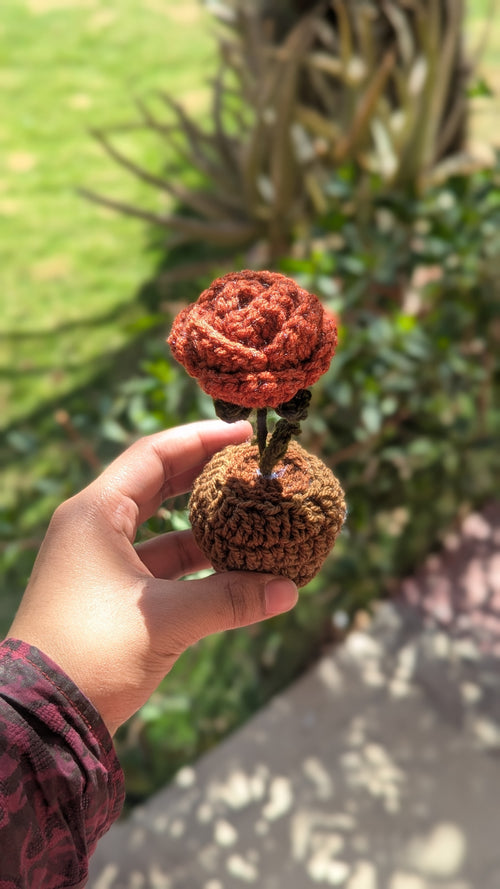 Petite Rust Crochet Rose Pot