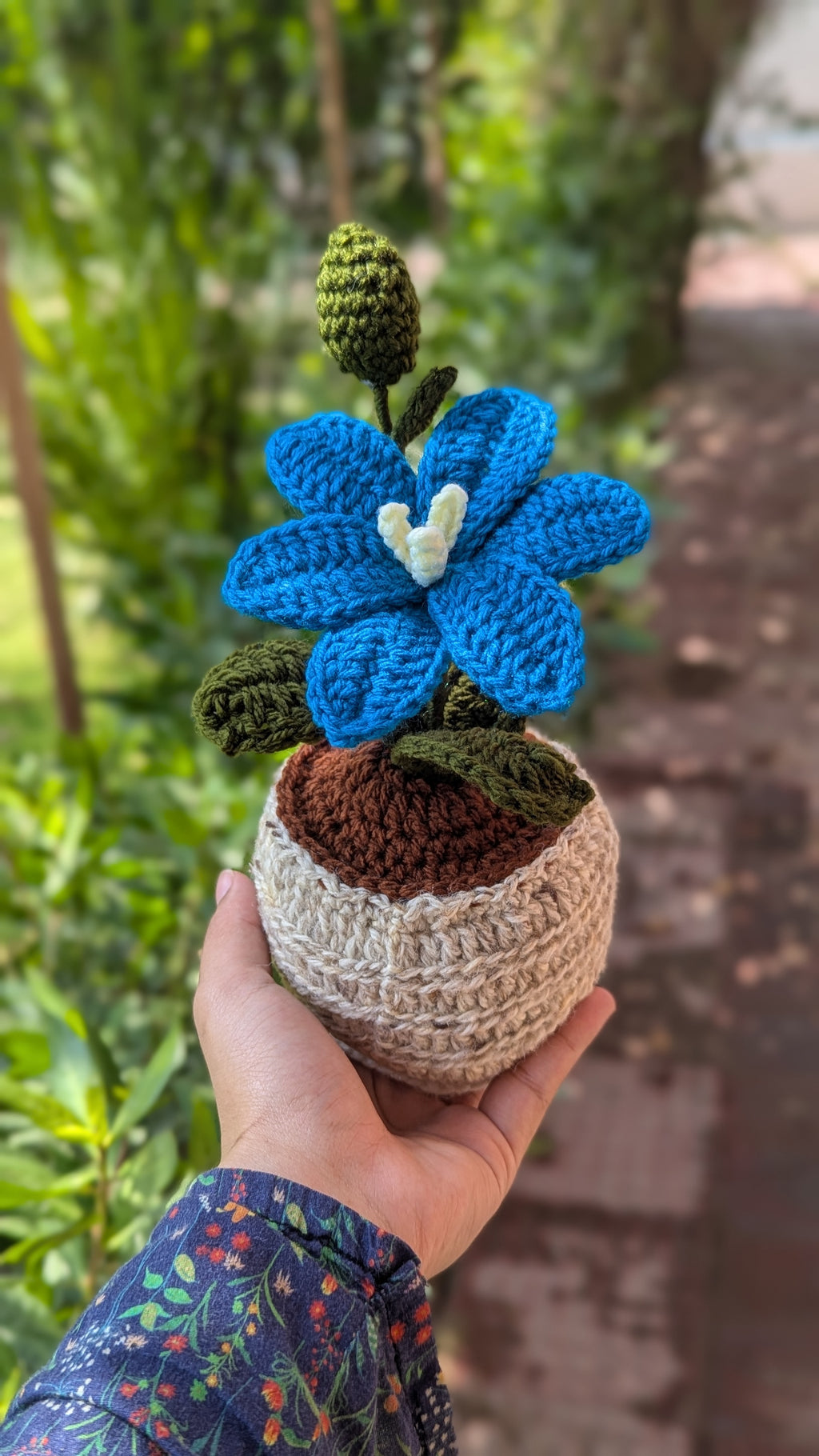 Vibrant Cerulean Blue Floral Pot