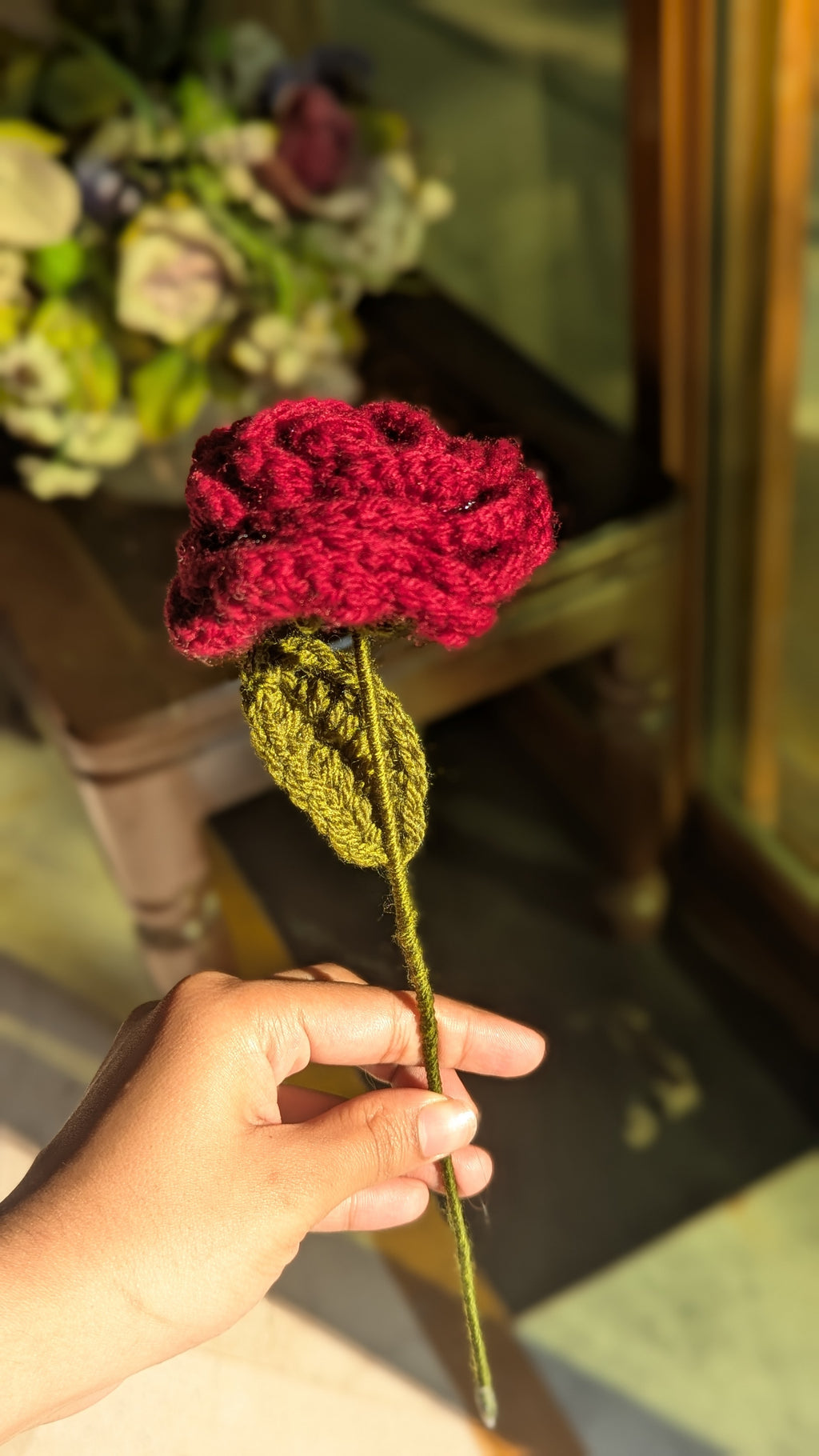 Classic Crimson Crochet Rose Stem